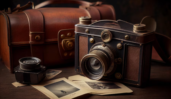 Vintage camera, photo, and camera bag on a table