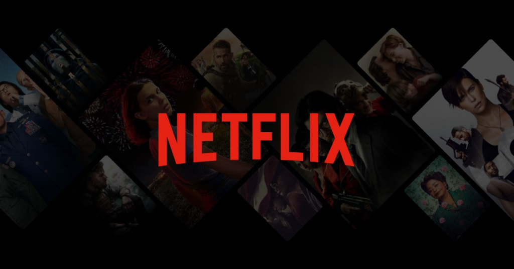 Netflix logo in red with 'Netflix' text on a dark, blurred movies background